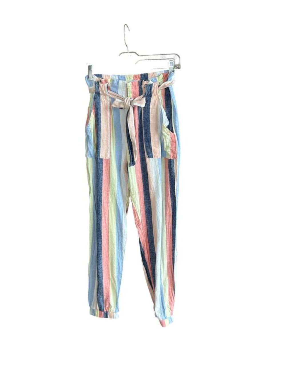 Indigo Rein Striped Linen Blend Cropped Pants Self Belt Size Medium - Picture 2 of 7